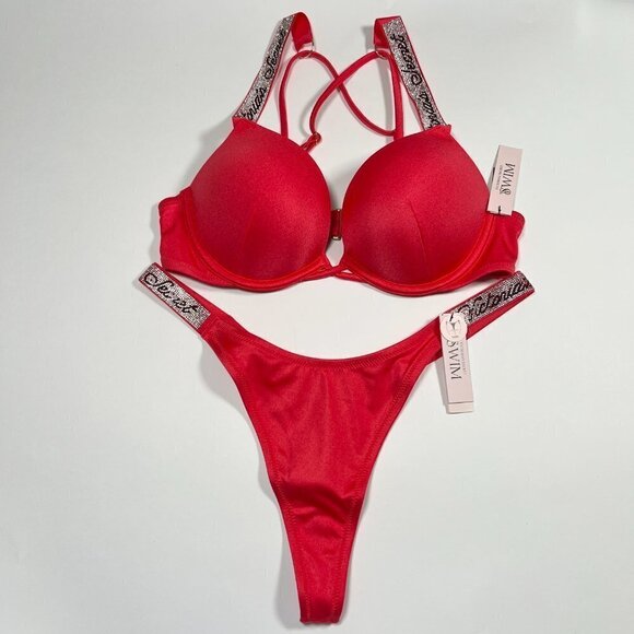 Victoria Secret 32D S Bombshell Push Up Bikini Top THONG Set LOGO Shine Strap - Picture 1 of 11